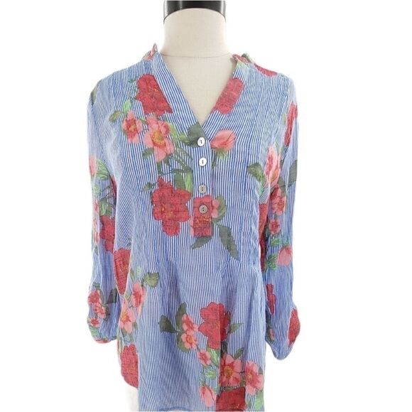 Classic blue pinstripe top with rose pattern - Picture 1 of 10